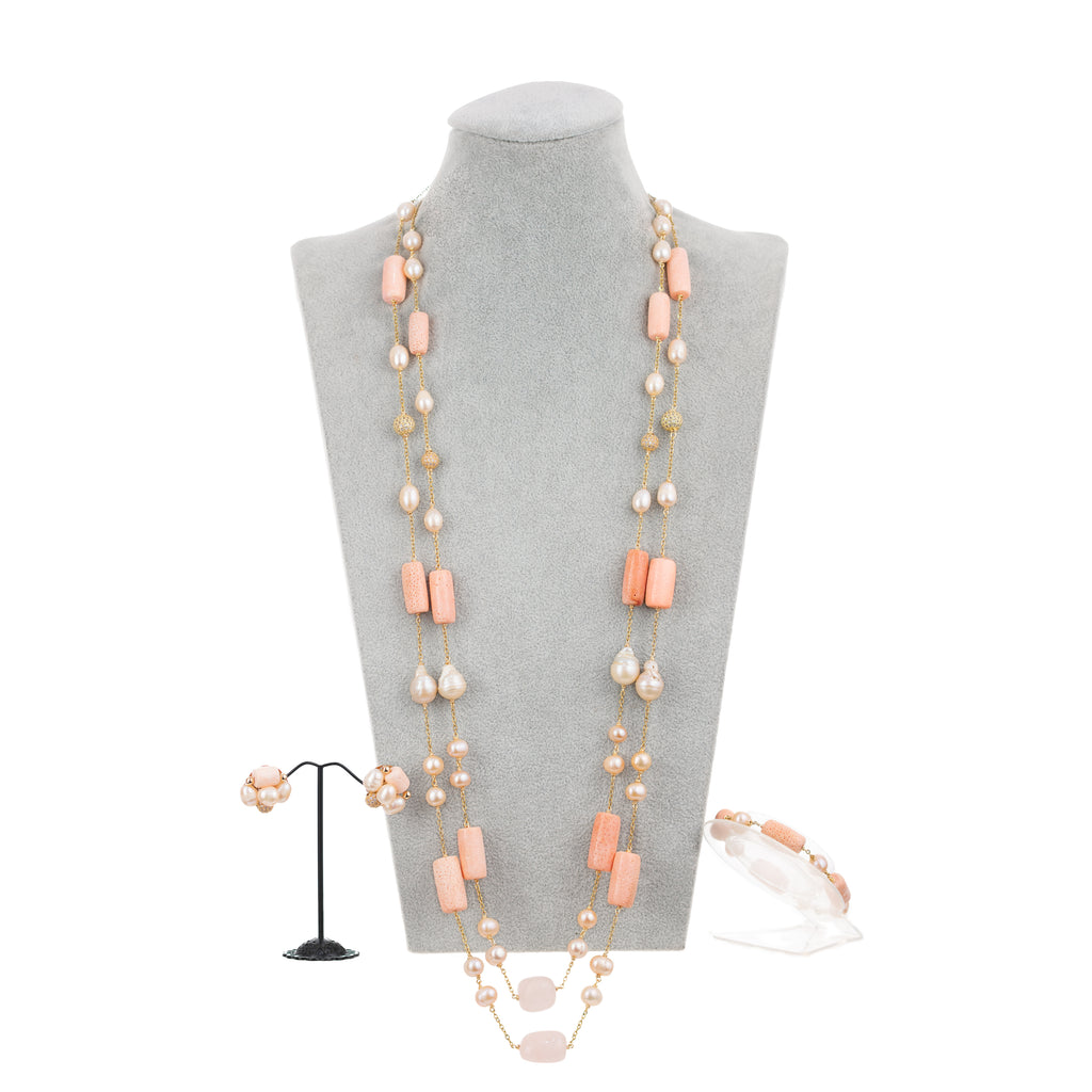Abisola Sponge Coral & Pearl 2-Row Detachable Necklace Set with Earrings