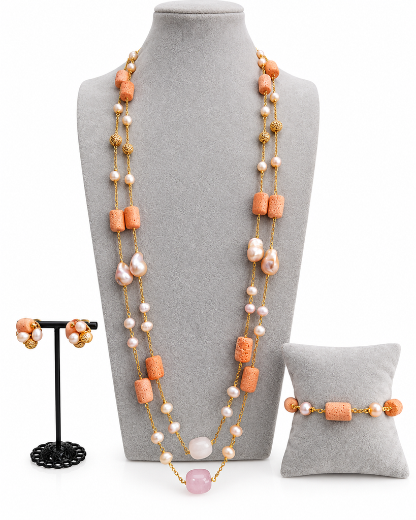 Abisola Sponge Coral & Pink Jewelry Set || 2-Row Detachable Necklace Set with Earrings