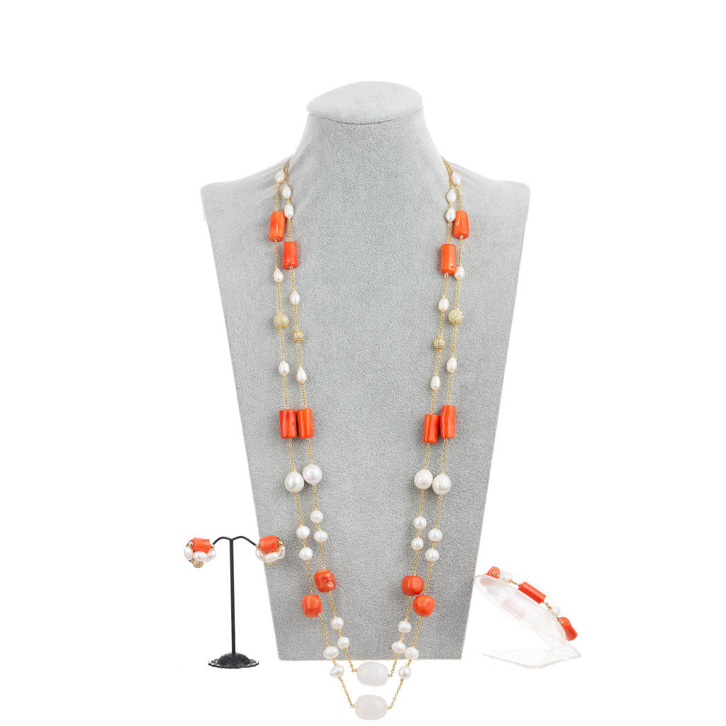Abisola Sponge Coral & Pink Jewelry Peach Set || 2-Row Detachable Necklace Set with Earrings