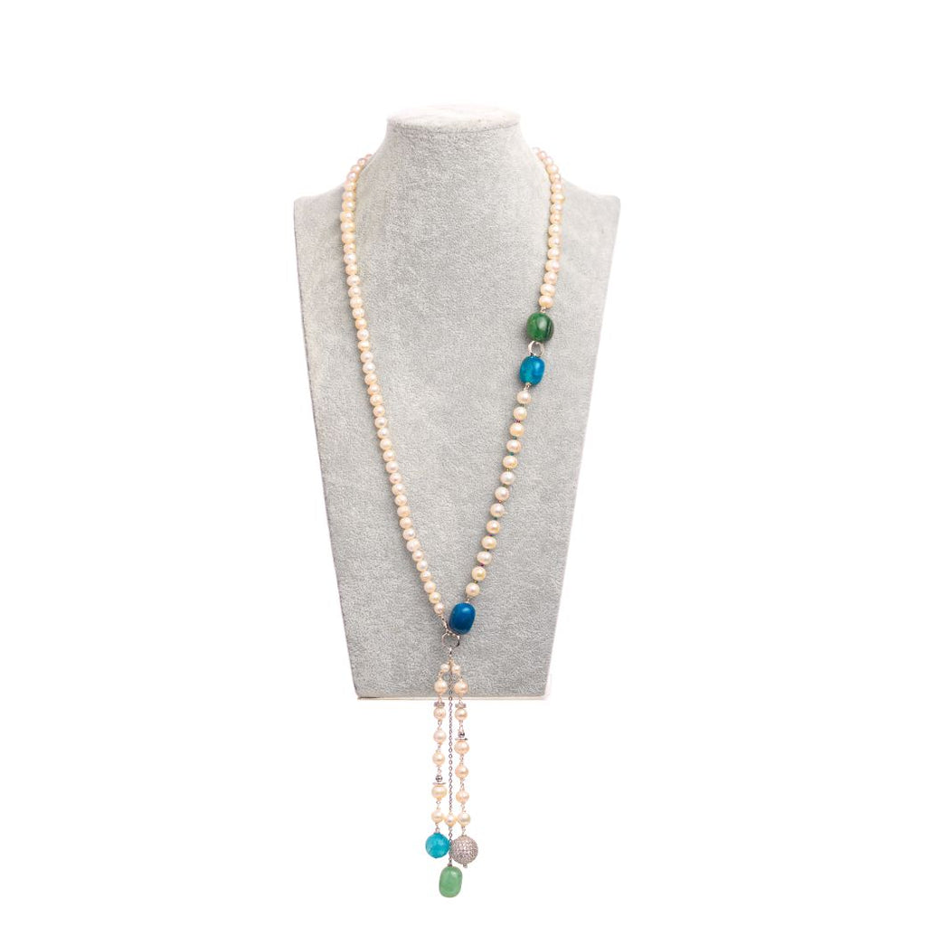 Elle Necklace – Luxury Freshwater Pearl & Gemstone Necklace with Detachable Tassel